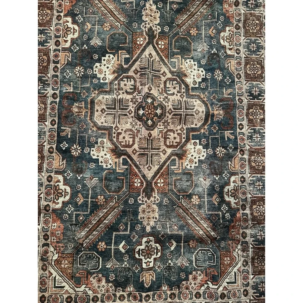 Washable Rug 3'X5' Adiva Lavinia 'Antrasit' Dark Teal Blue Burgundy Red